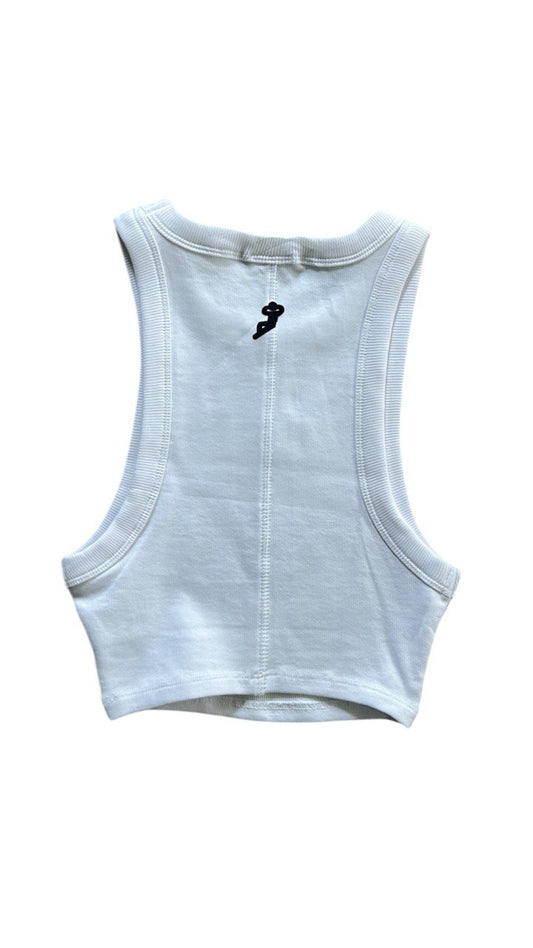 Ladies Relax Mandarin Script Crop Tank | White