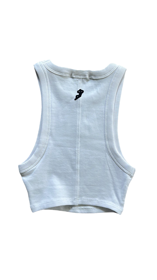 Ladies Relax Mandarin Script Crop Tank | White